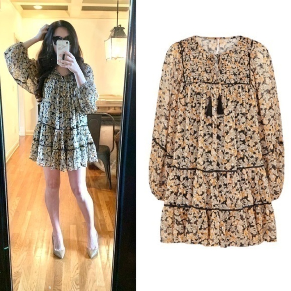 FREE PEOPLE Swinging Floral-print Chiffon Mini Dress Black Combo in Size Small
